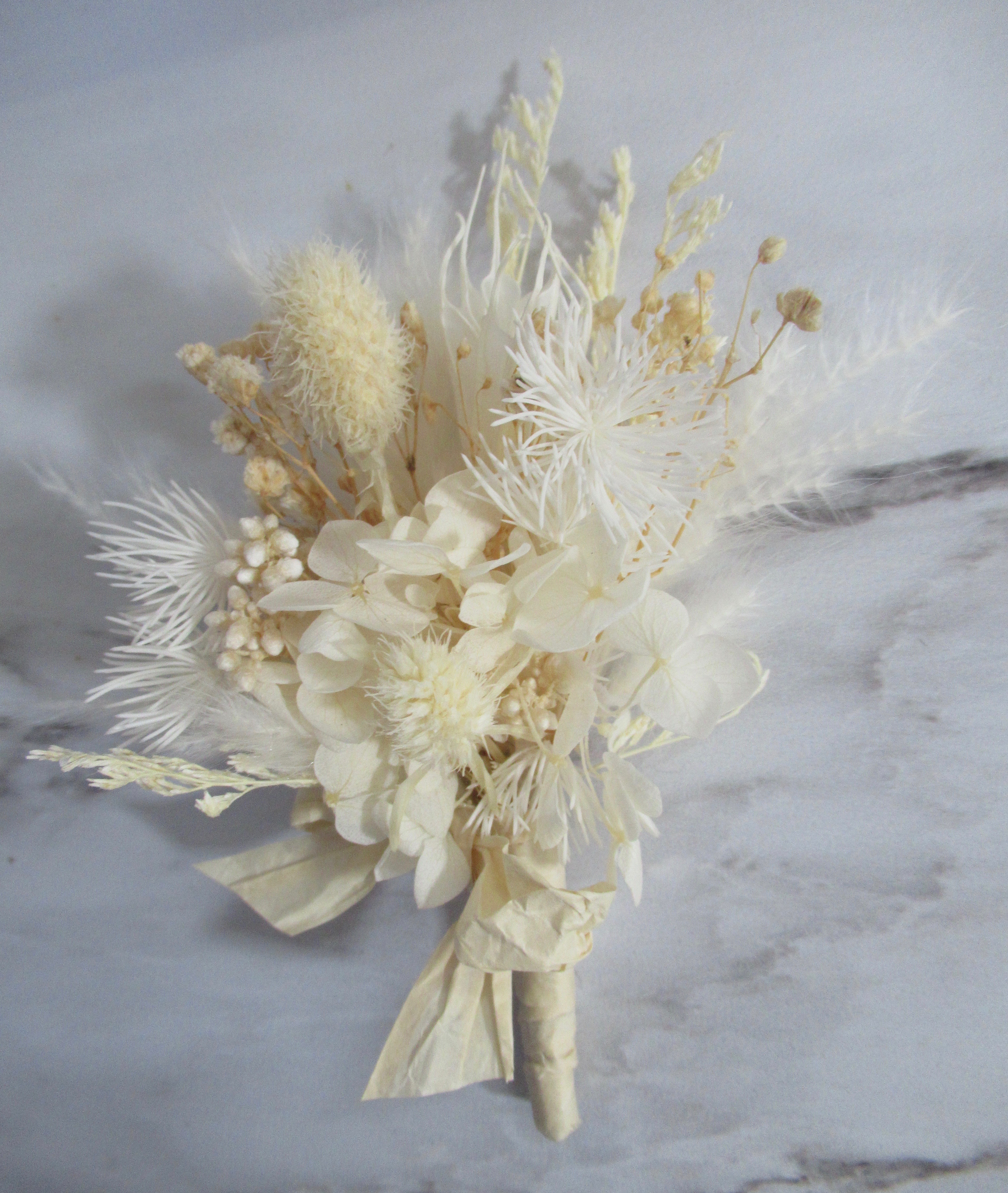 Dried preserved buttonholes, cream dried buttonhole